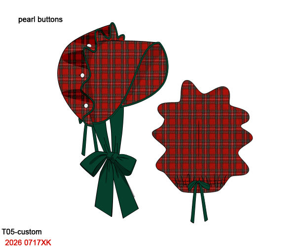 Christmas Baby Girl Red Tartan Plaid Bonnet with Pearl Buttons