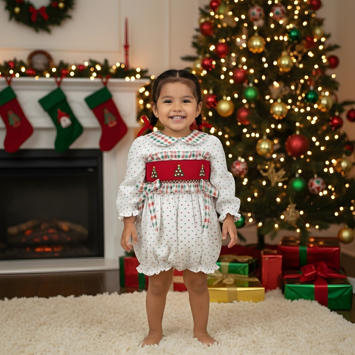 GIRLS HAND SMOCKED SWISS DOT CHRISTMAS TREE BUBBLE