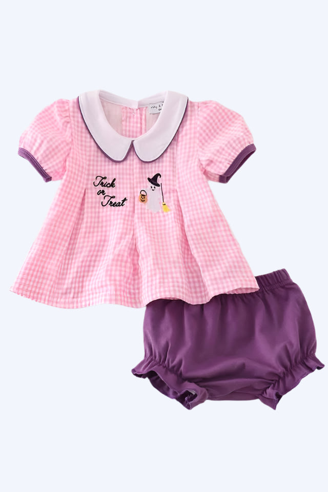 HALLOWEEN - PINK GINGHAM EMBROIDERY BABY DIAPER SET