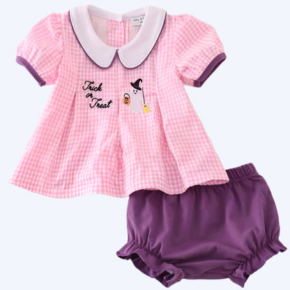 HALLOWEEN - PINK GINGHAM EMBROIDERY BABY DIAPER SET