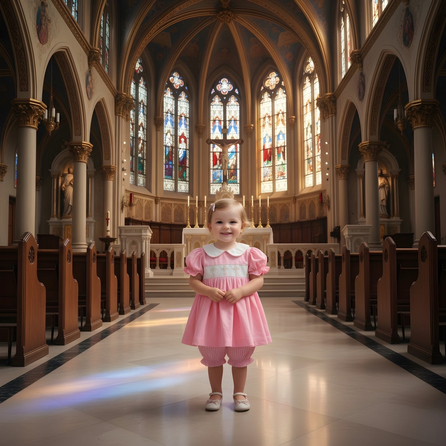 PINK CROSSES HAND SMOCKED DIAPER SET 2 PC
