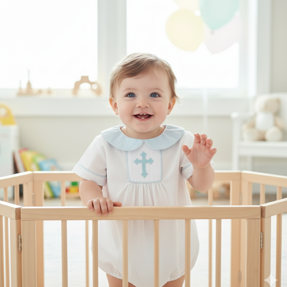 SUNDAY BEST - HAND SMOCKED HAND EMBROIDERED BOYS BLUE CROSS BUBBLE