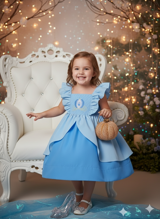 CINDERELLA SMOCKED BLUE PRINCESS CARRAIGE DRESS – A DREAM COME TRUE