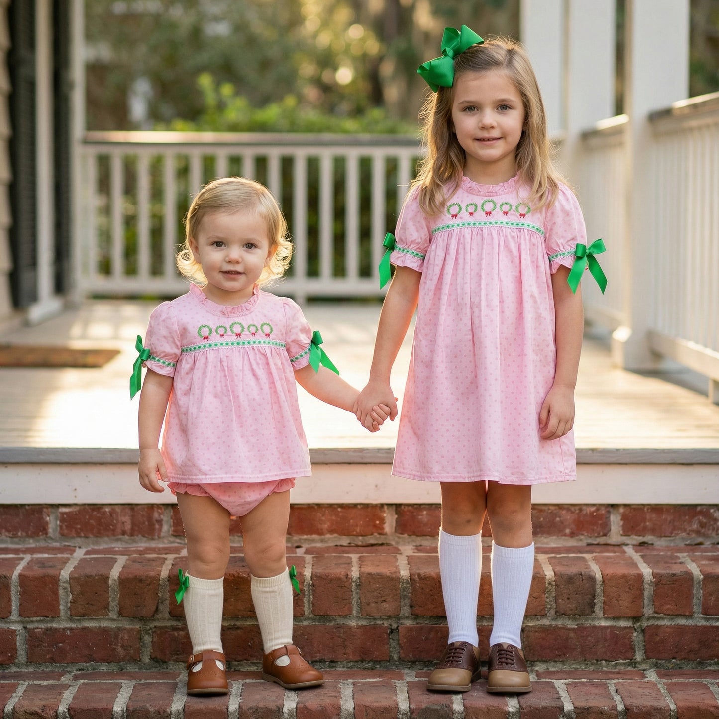 Two young girls, an older sister and a toddler, stand hand-in-hand on brick porch steps. They are wearing matching light pink smocked dresses with green ribbon bows tied on the sleeves and embroidered green wreaths across the neckline. The older girl wears a large green hair bow, white knee socks, and brown saddle shoes, while the toddler wears white socks and brown T-strap shoes.
