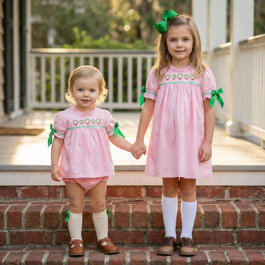 Two young girls, an older sister and a toddler, stand hand-in-hand on brick porch steps. They are wearing matching light pink smocked dresses with green ribbon bows tied on the sleeves and embroidered green wreaths across the neckline. The older girl wears a large green hair bow, white knee socks, and brown saddle shoes, while the toddler wears white socks and brown T-strap shoes.