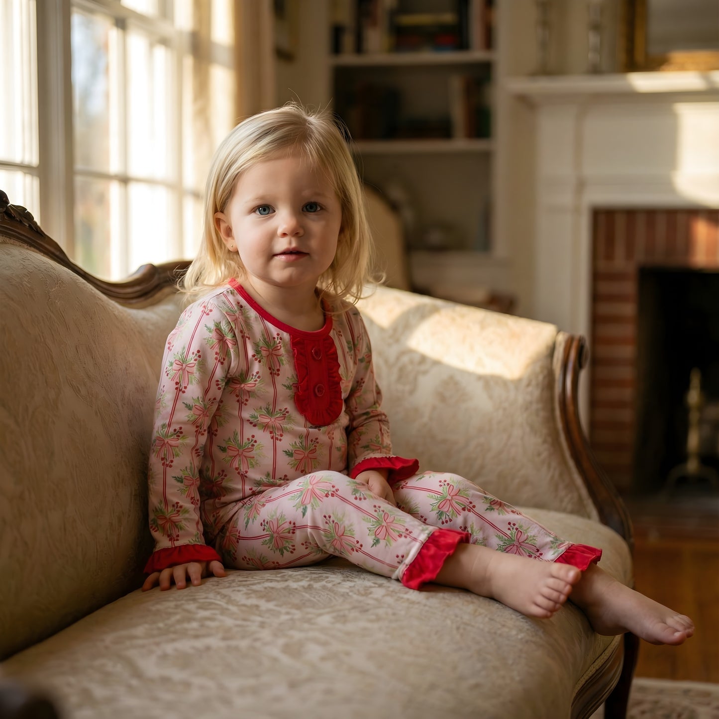 Toddler girl sitting on a vintage sofa wearing a soft pink bamboo pajama set featuring a festive holiday bow pattern and red ruffle details.