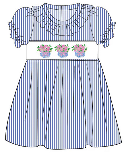 ETA July - Spring floral vase chinoiserie bow embroidered seersucker collection- dress