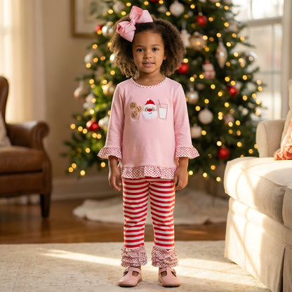Girls Milk And Cookies With Santa Christmas Embroidered Pants Set featuring a pink long-sleeve top with Santa applique and red and white striped ruffle pants.