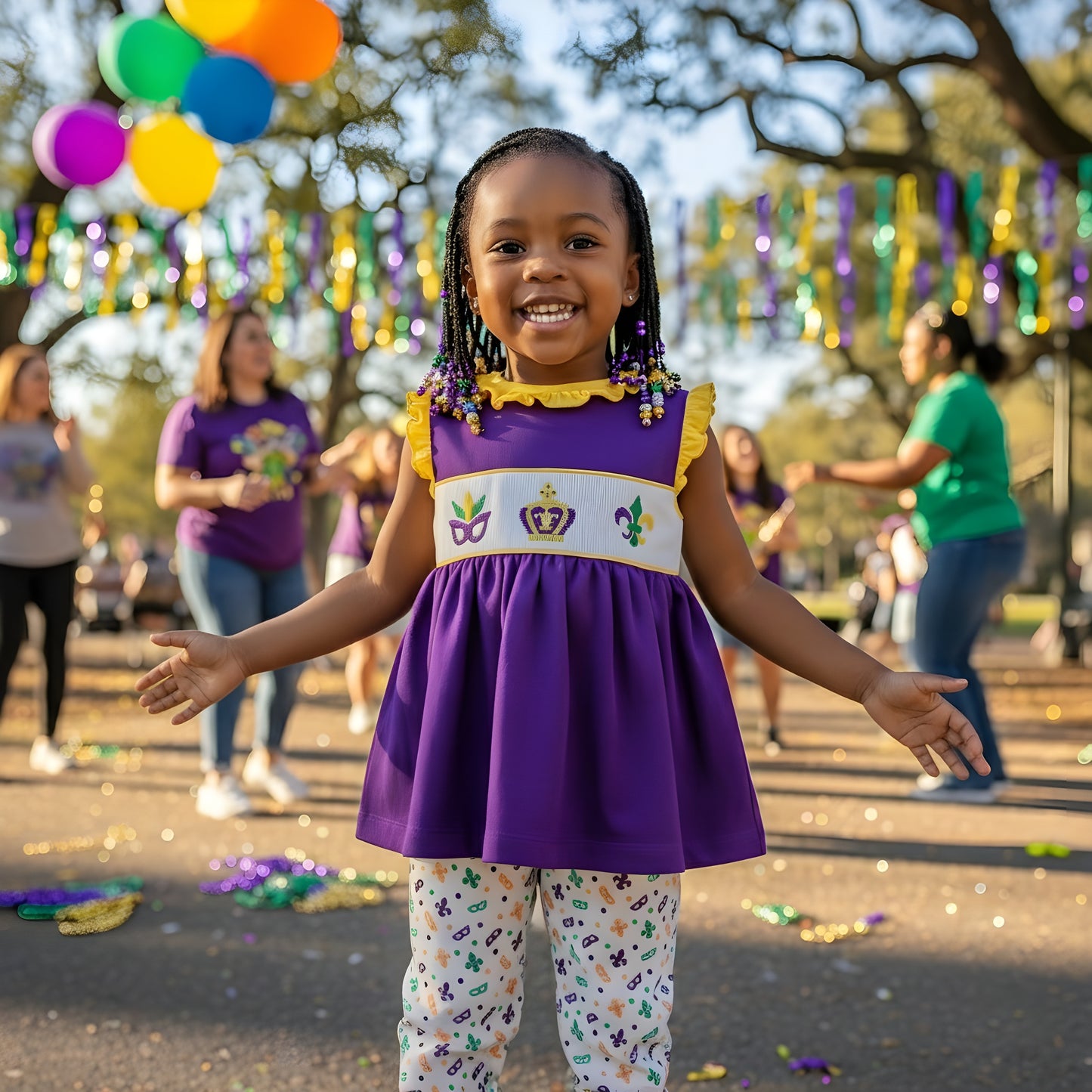 MARDI GRAS - HAND SMOCKED GIRLS PANTS SET