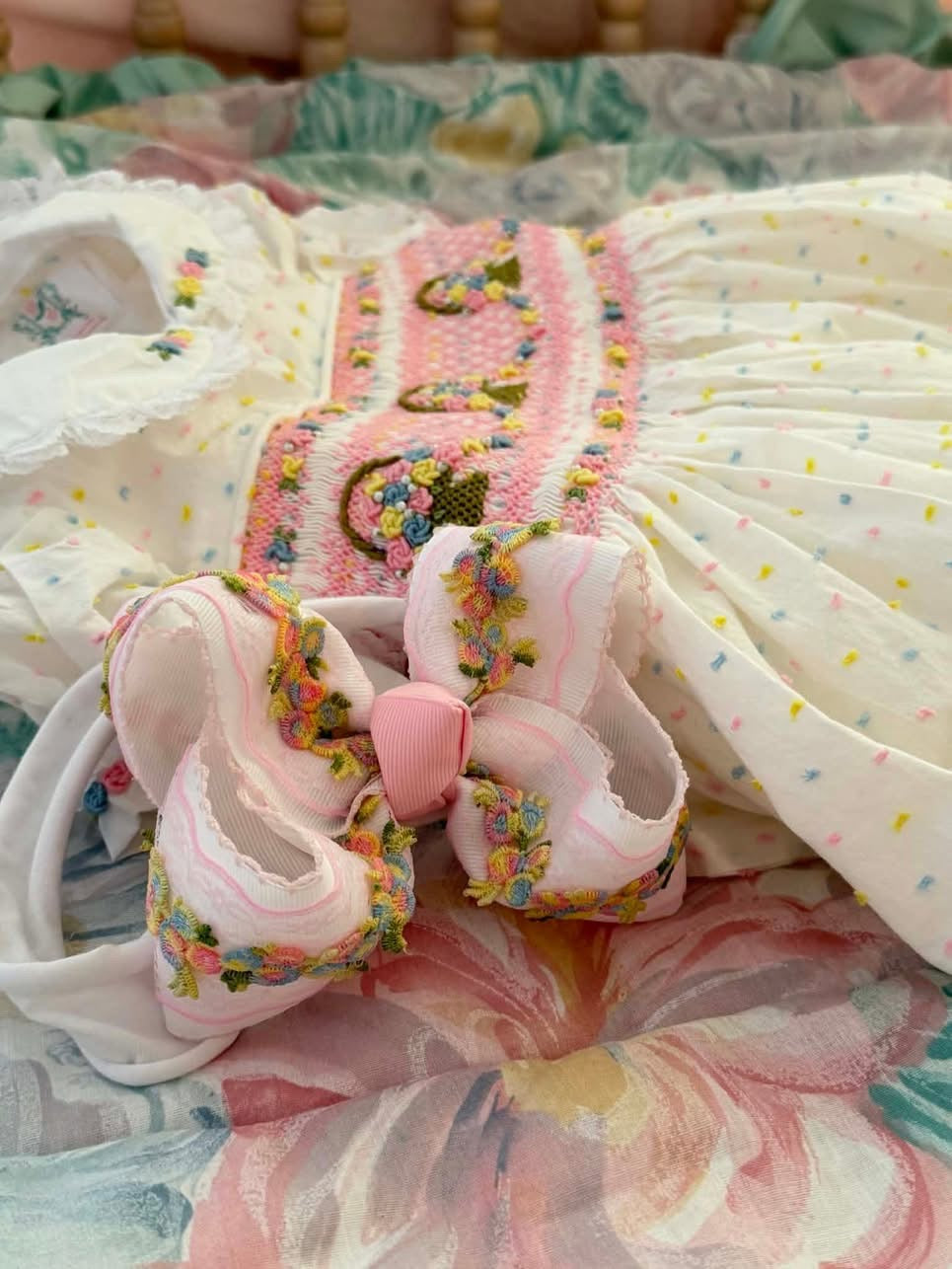 Easter Hand-Smocked Flower Basket Dress | Smocked Peacock Easter Hand-Smocked Flower Basket Dress | Smocked Peacock