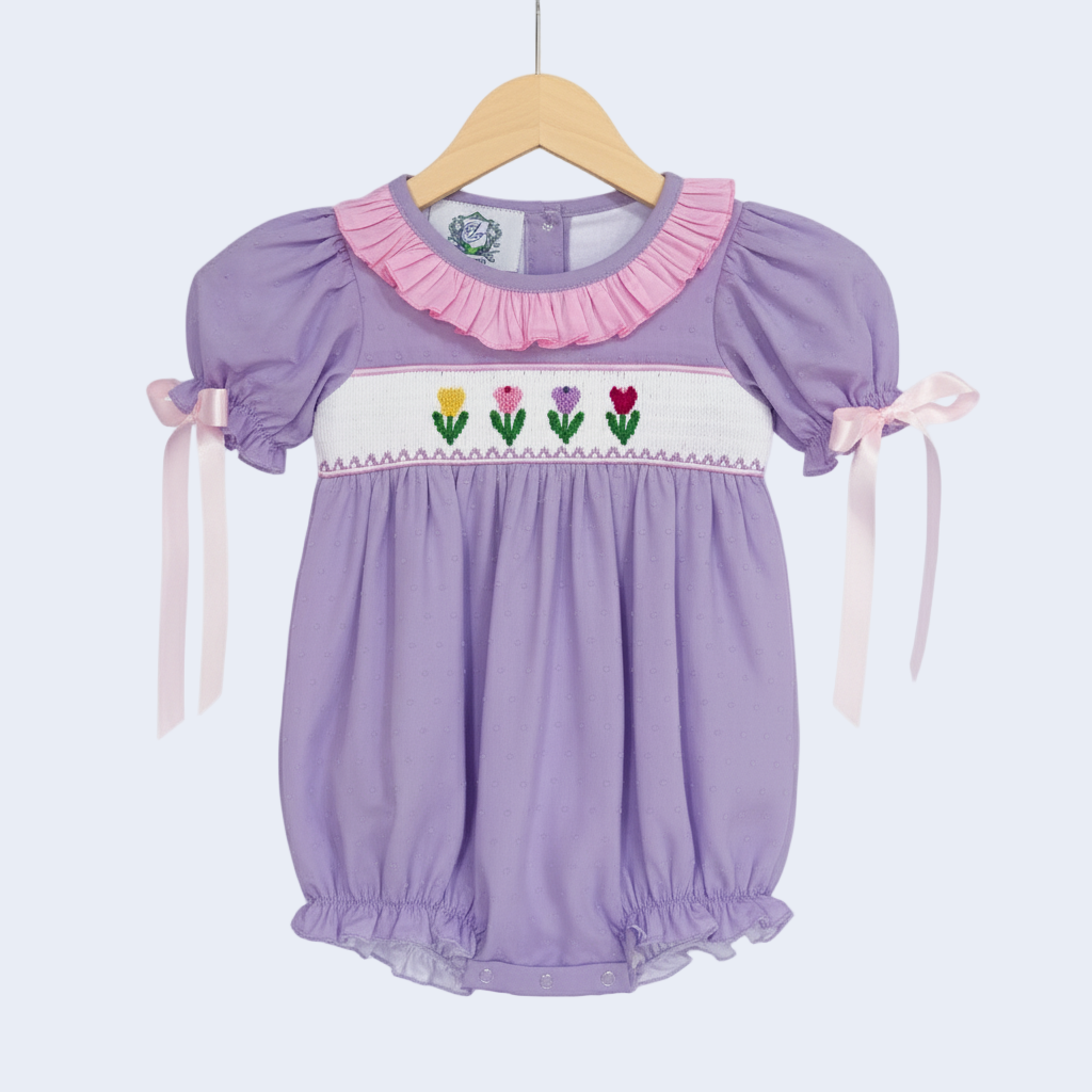 SWISS DOT TULIPS - HAND SMOCKED BUBBLE