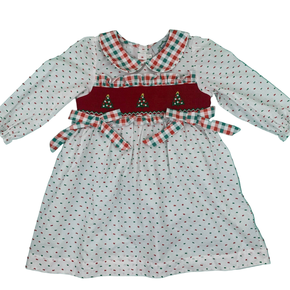 GIRLS HAND SMOCKED SWISS DOT CHRISTMAS TREE DRESS
