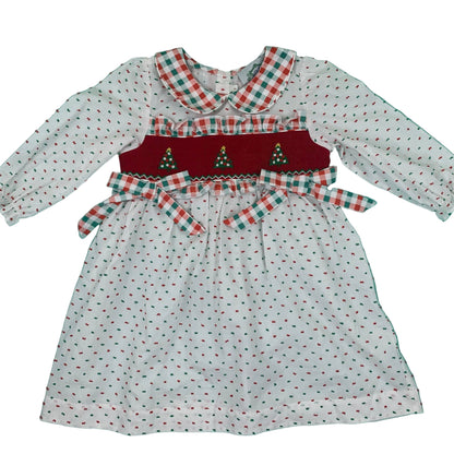 GIRLS HAND SMOCKED SWISS DOT CHRISTMAS TREE DRESS