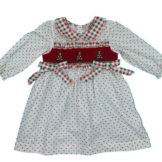GIRLS HAND SMOCKED SWISS DOT CHRISTMAS TREE DRESS