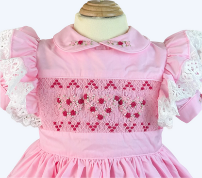 PINK 2PC DRESS WITH DETACHABLE APRON - HAND SMOCKED WITH HAND EMBROIDERED DRESS