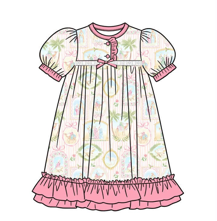 Girls' Pastel Nativity Short-Sleeve Ruffle Nightgown