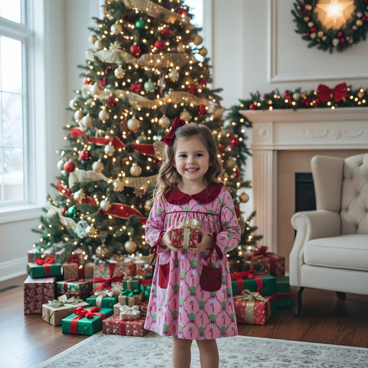 Christmas Chinoiserie Pink Candy Cane Long Sleeve Dress