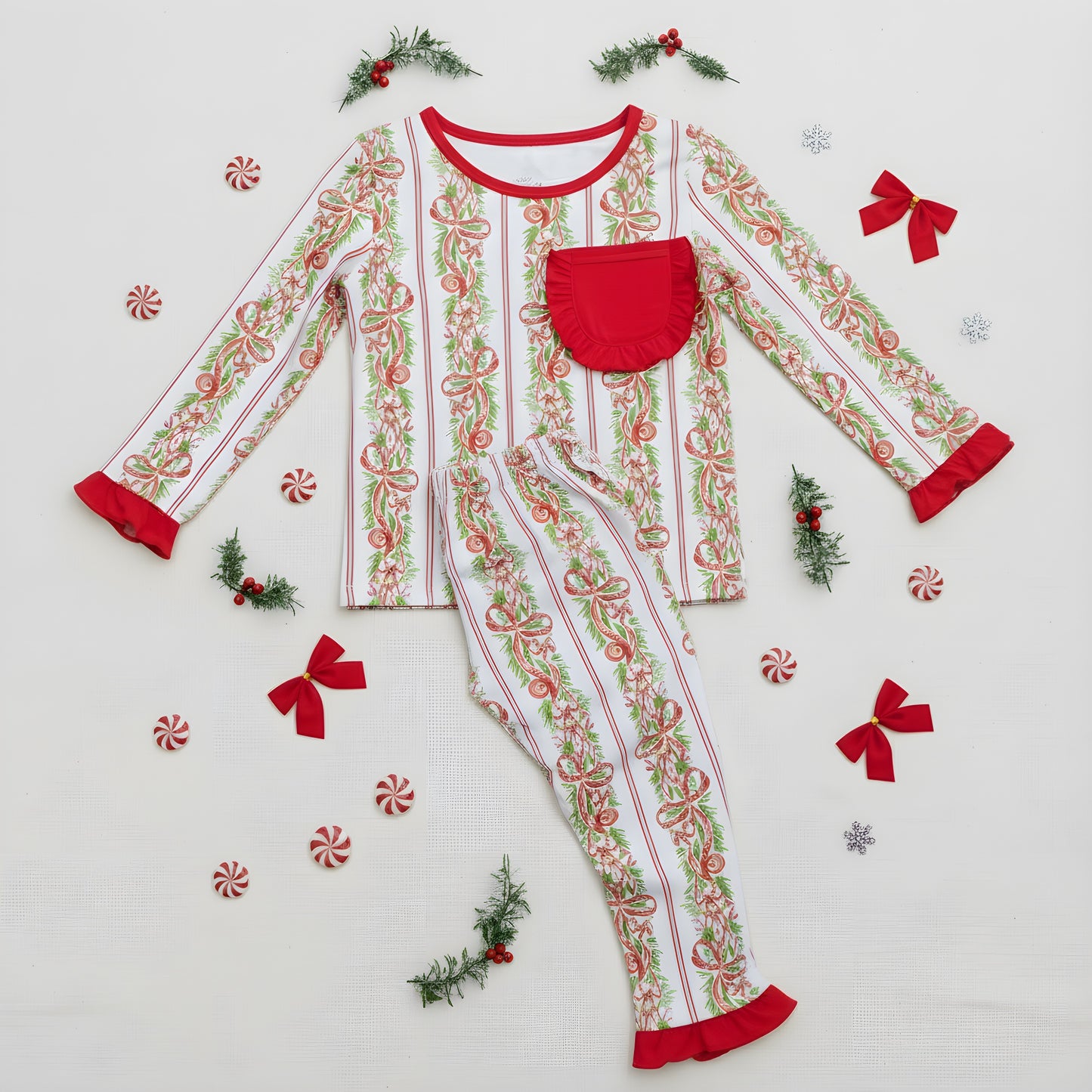 Girls Peppermint Bow Grandmillennial Traditional Christmas Bamboo Long Sleeve Pajama Set