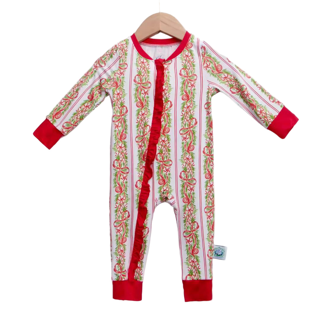 Girls Peppermint Bow Grandmillennial Traditional Christmas Bamboo Zippy