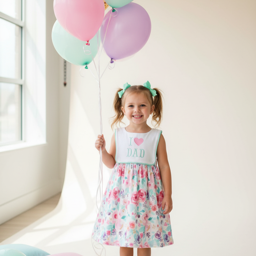I LOVE DAD - FATHER’S DAY GIRLS FLORAL DRESS - EMBROIDERED