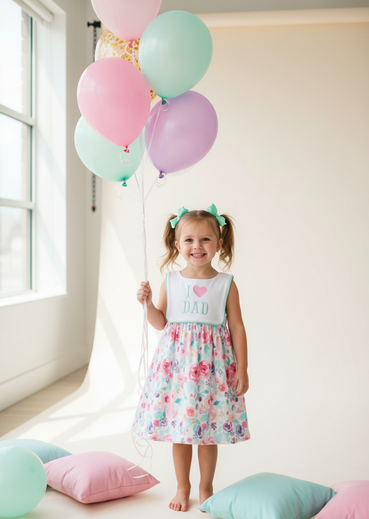I LOVE DAD - FATHER’S DAY GIRLS FLORAL DRESS - EMBROIDERED