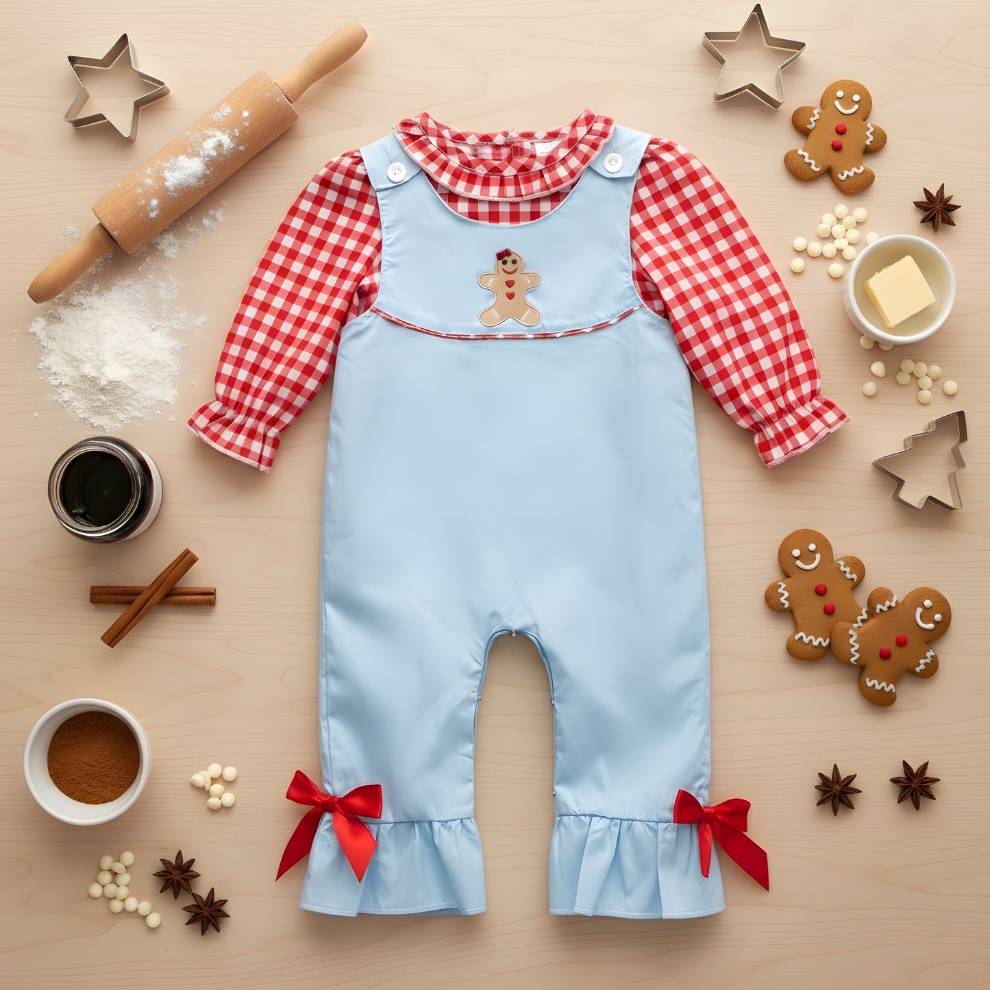 Baby girl outfit flat lay featuring light blue overalls with gingerbread man appliqué and red bows, paired with a red and white gingham shirt, surrounded by gingerbread cookies and baking ingredients on a wooden table.