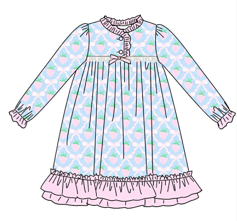 Strawberries and Ribbons - Exclusive Print - Loungewear Long Sleeve Nightgown