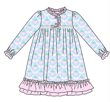 Strawberries and Ribbons - Exclusive Print - Loungewear Long Sleeve Nightgown