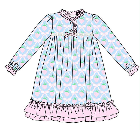 Strawberries and Ribbons - Exclusive Print - Loungewear Long Sleeve Nightgown