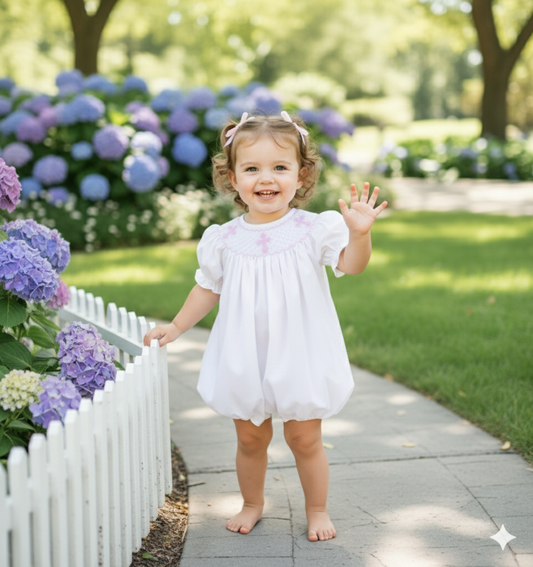 SUNDAY BEST - HAND SMOCKED PINK HAND EMBROIDERED CROSSES GIRL BUBBLE WITH 360 EMBROIDERY