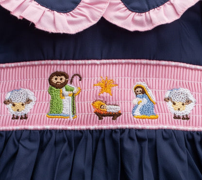 Girls Smocked Navy Nativity Christmas Dress With Peter Pan Collar Machine Smocked
