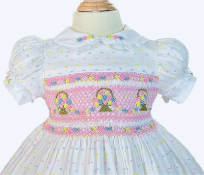 PINK FLOWER BASKET HAND SMOCKED WITH HAND EMBROIDERED DRESS