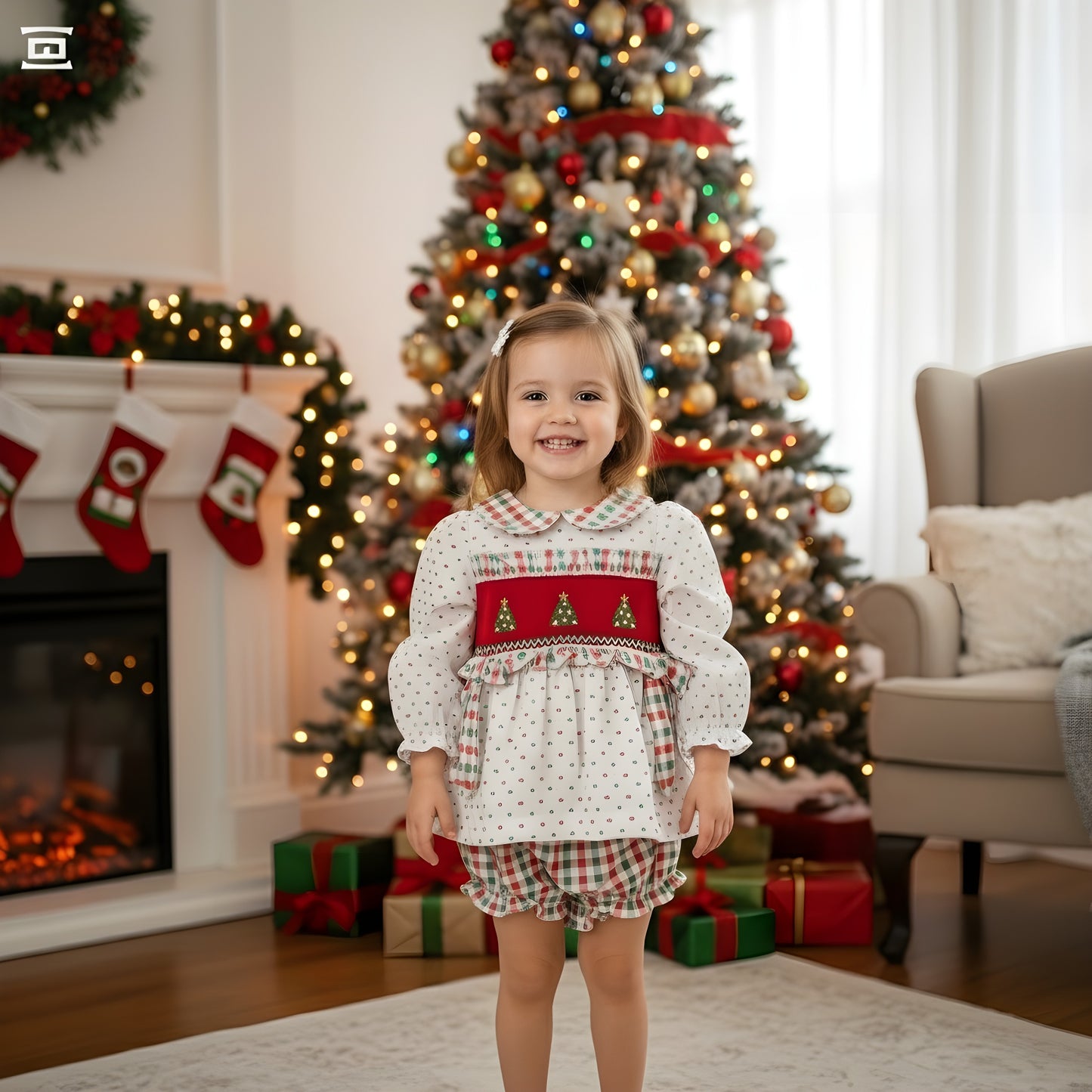 GIRLS HAND SMOCKED SWISS DOT CHRISTMAS TREE BLOOMER SET