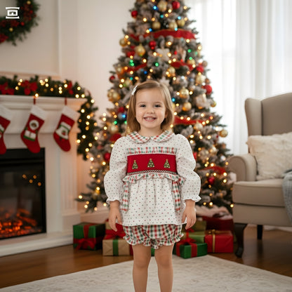GIRLS HAND SMOCKED SWISS DOT CHRISTMAS TREE BLOOMER SET