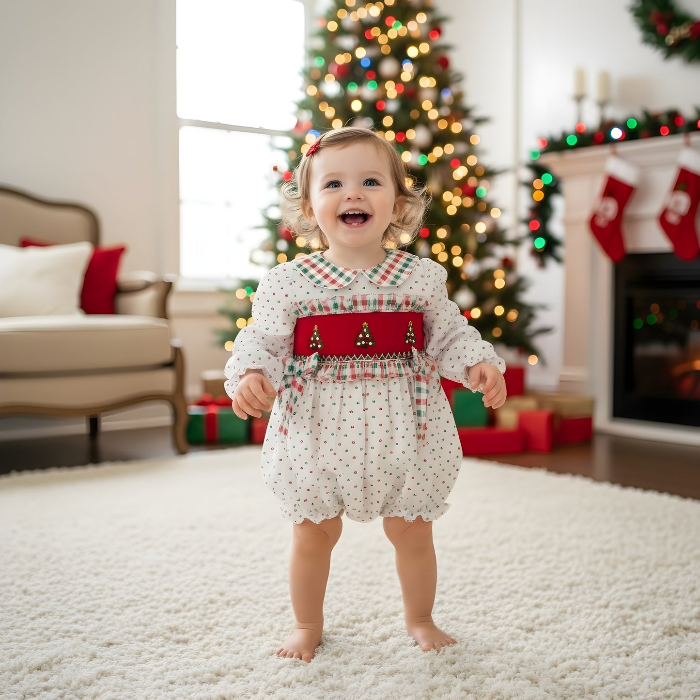 GIRLS HAND SMOCKED SWISS DOT CHRISTMAS TREE BUBBLE