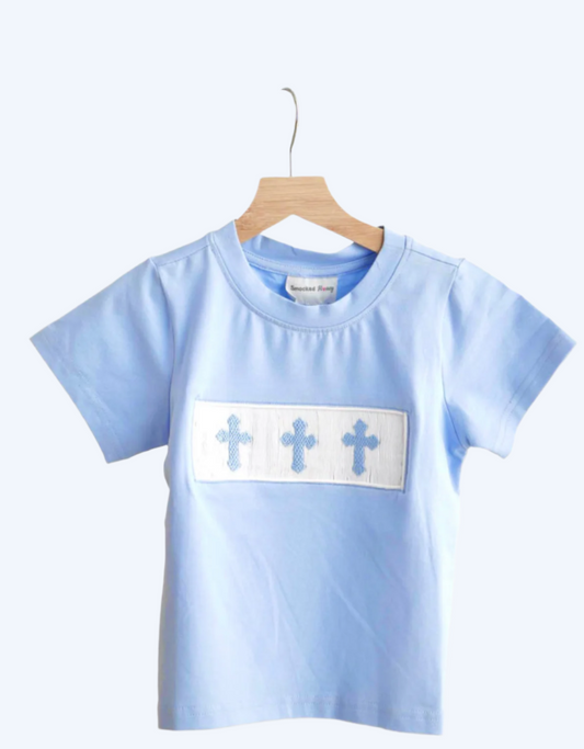 SUNDAY BEST - BLUE BOYS HAND SMOCKED SHIRT WITH BLUE EASTER CROSS