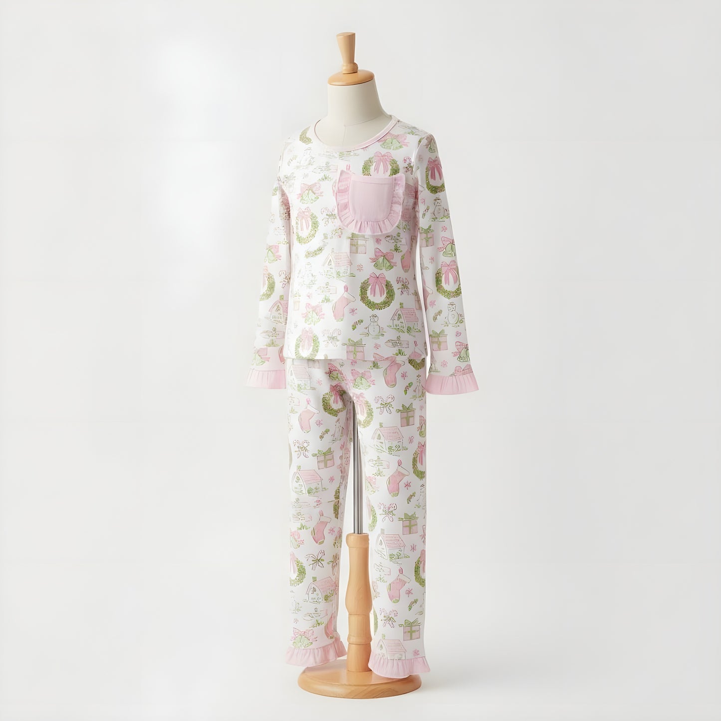 Girls Pastel Watercolor Grandmillennial Christmas Bamboo Long Sleeve Pajama Set