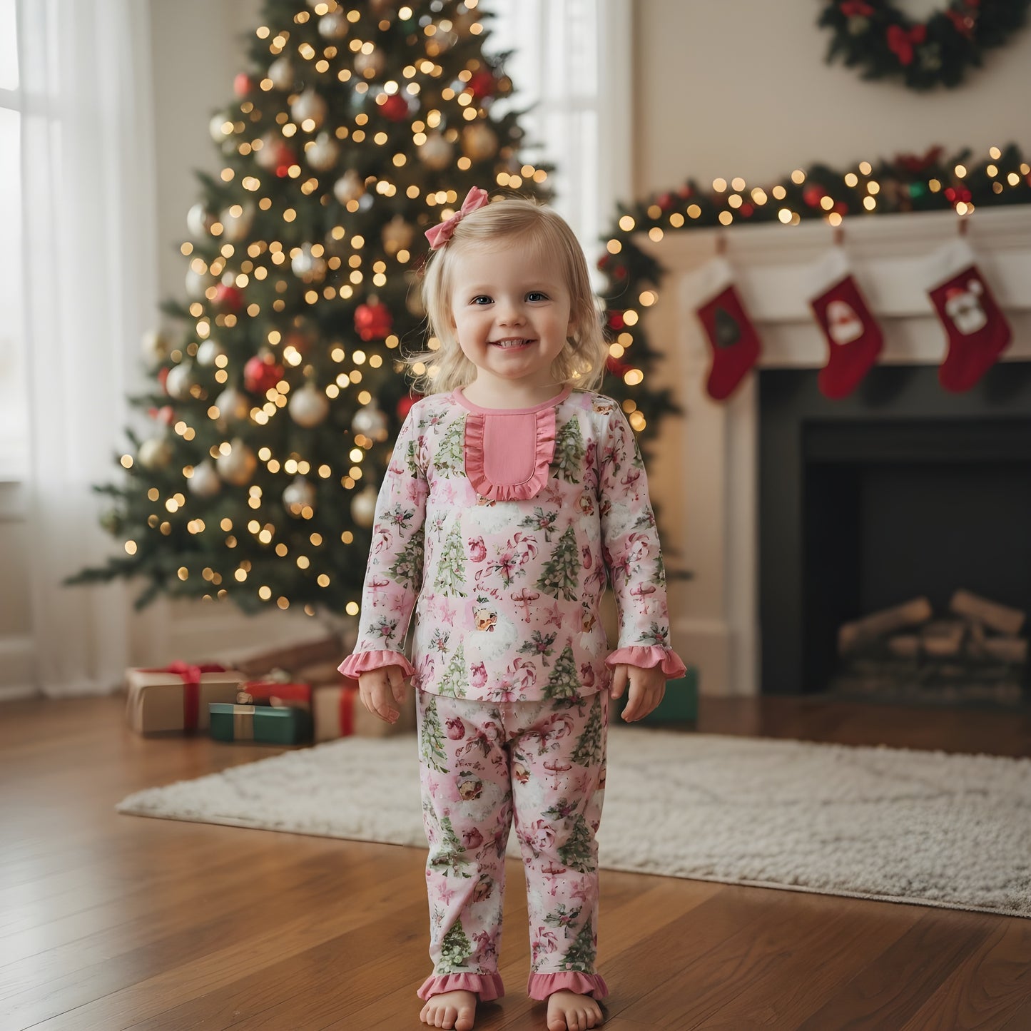 Vintage Pink Santa With Christmas Tree Holiday Gift Box Pajama Set