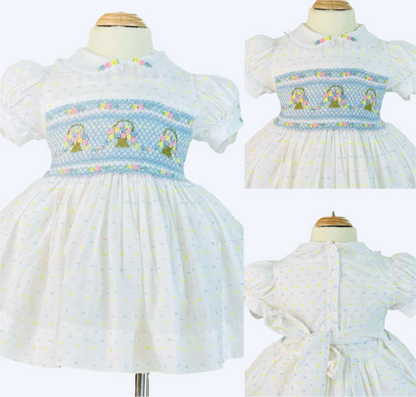 FLOWER BASKET BLUE HAND SMOCKED WITH HAND EMBROIDERED DRESS