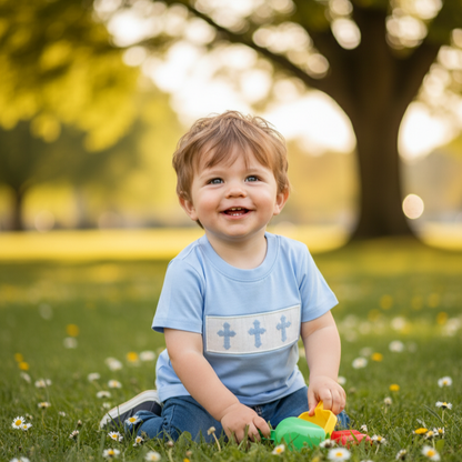 SUNDAY BEST - BLUE BOYS HAND SMOCKED SHIRT WITH BLUE EASTER CROSS