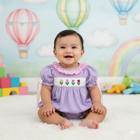SWISS DOT TULIPS - HAND SMOCKED BUBBLE