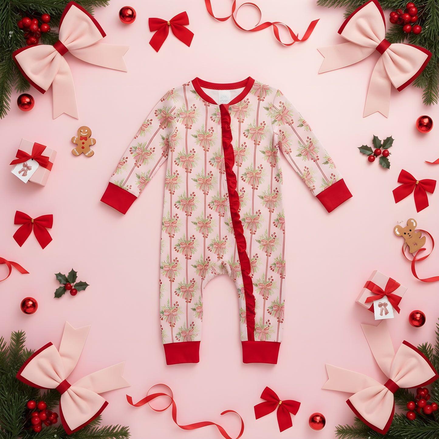 Pink Christmas bamboo zippy romper with holiday bow print and red ruffle detail, surrounded by festive Christmas decor.