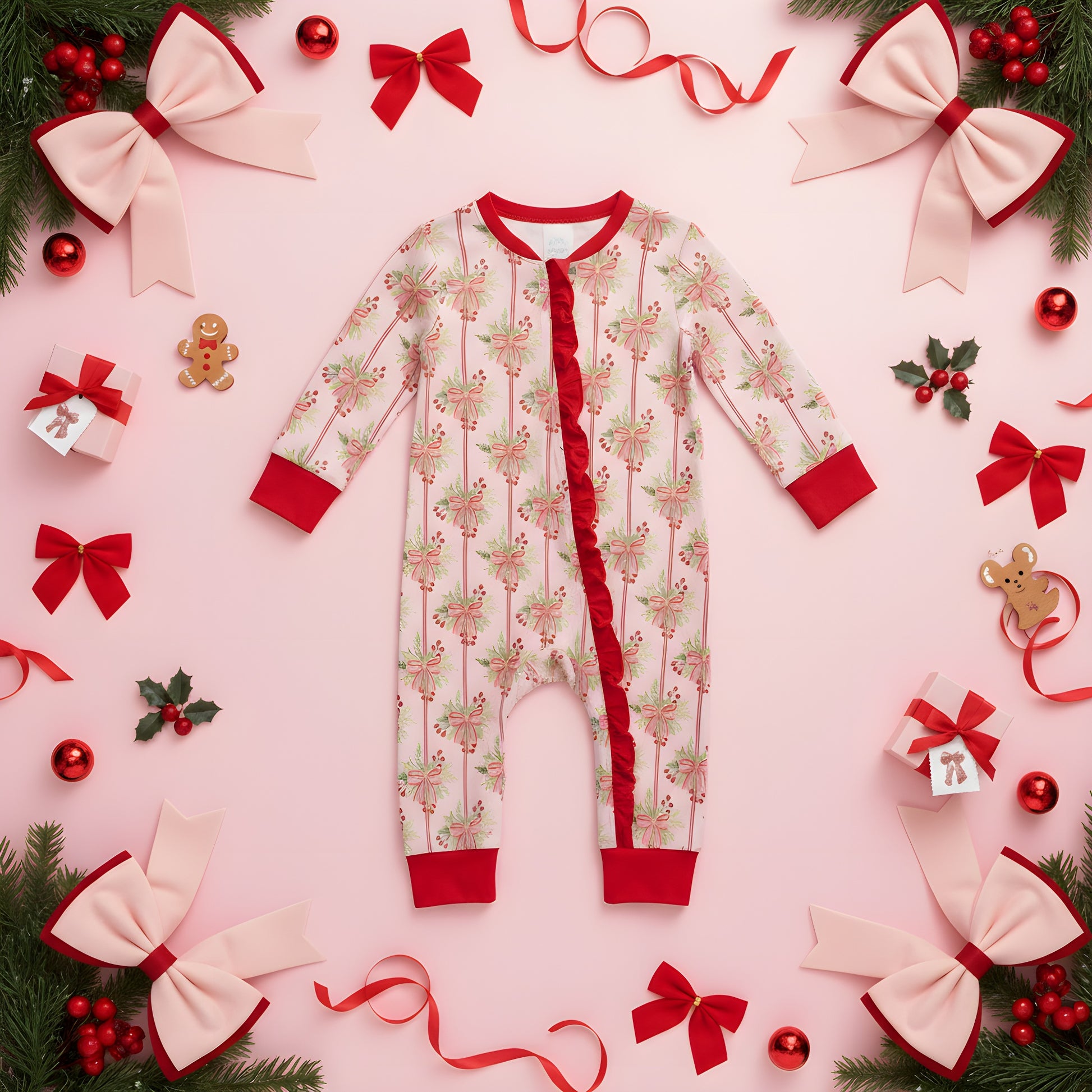 Pink Christmas bamboo zippy romper with holiday bow print and red ruffle detail, surrounded by festive Christmas decor.