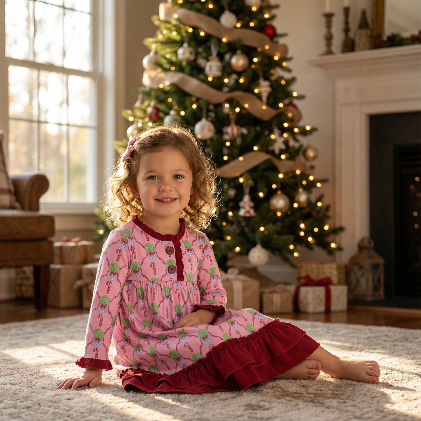 A young girl with curly light brown hair sits smiling on a plush beige rug, wearing a pink long-sleeved holiday nightgown featuring a candy cane pattern and deep red ruffled trim. Behind her is a cozy living room scene with a Christmas tree decorated with warm lights and burlap ribbon, wrapped gifts on the floor, and sunlight streaming through a large window.