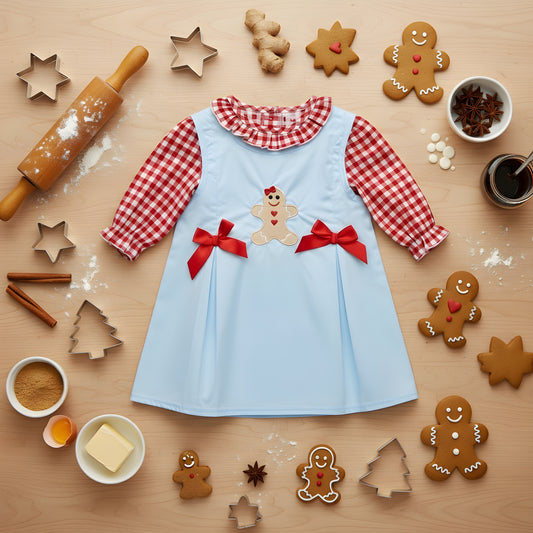Girls Blue And Red Gingerbread Applique Dress With Shirt 2 Pc