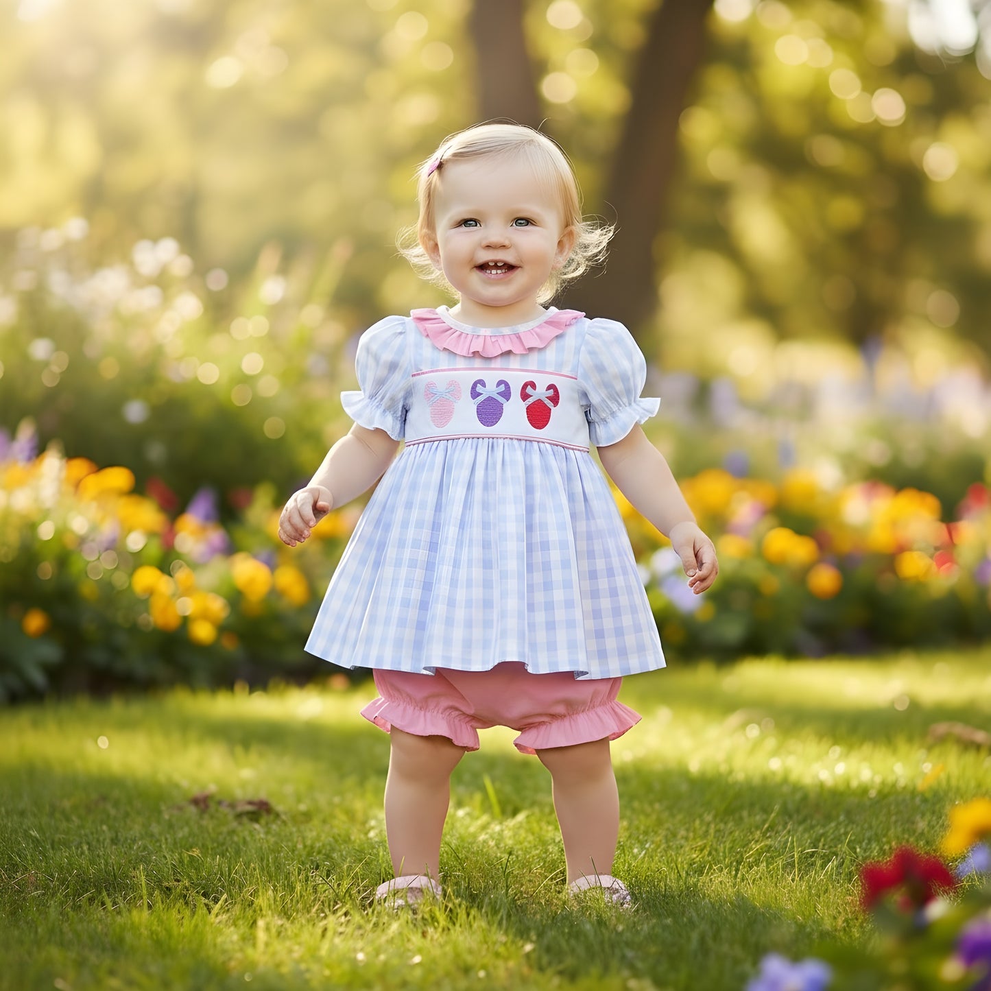 MAGICAL MOUSE - BLUE CHARACTER EMBROIDERY GINGHAM BLOOMER SET