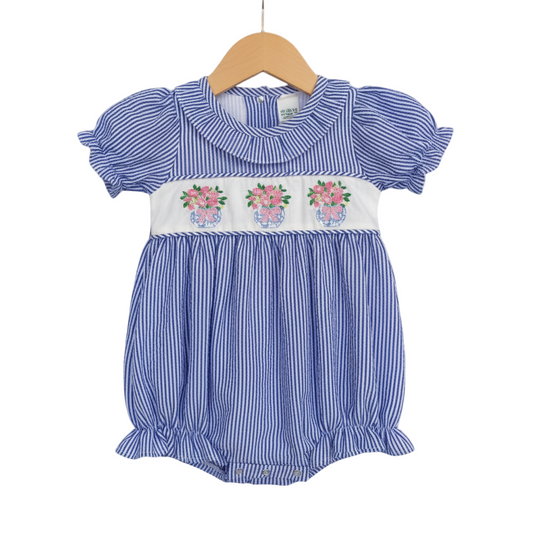 Spring Floral Vase Chinoiserie Bow Embroidered Seersucker Bubble