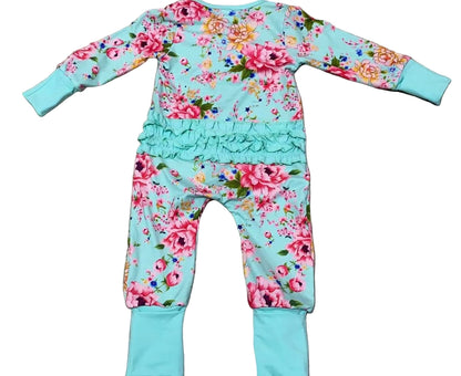 Teal Floral Ruffle Butt Sleeper With Hand And Footie Covers Zippy