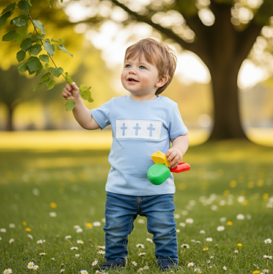 SUNDAY BEST - BLUE BOYS HAND SMOCKED SHIRT WITH BLUE EASTER CROSS