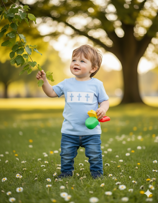 SUNDAY BEST - BLUE BOYS HAND SMOCKED SHIRT WITH BLUE EASTER CROSS